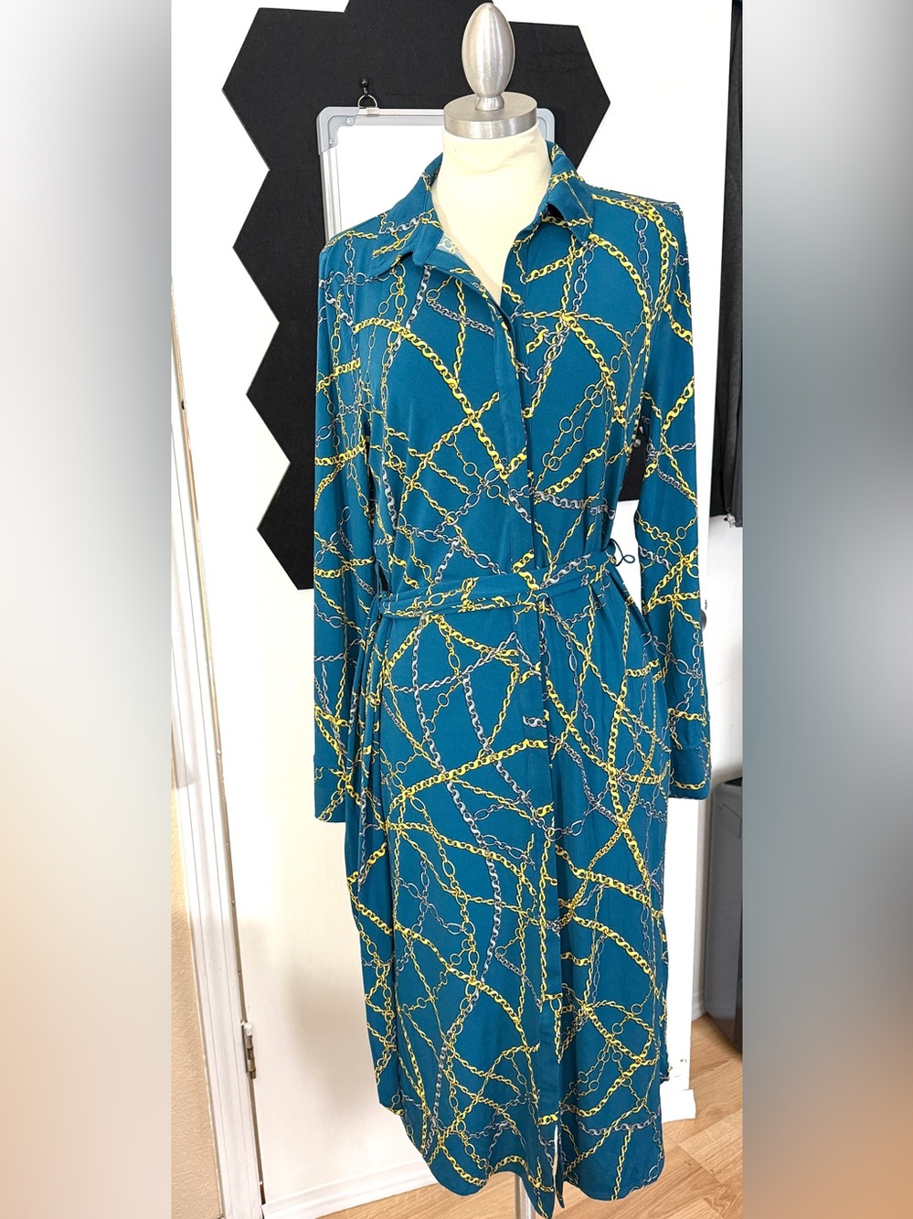 INC Teal Chain-Print Shirt Dress Size Medium